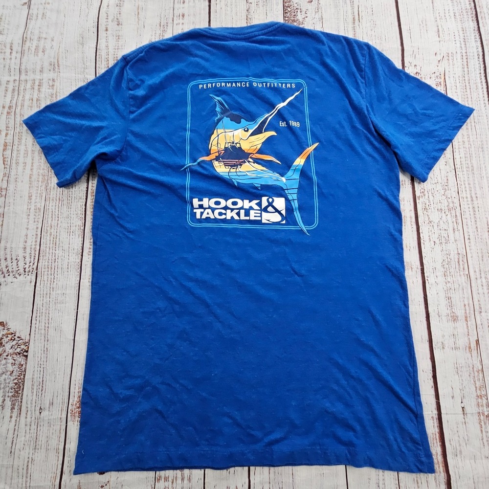 Hook & Tackle Performance Fishing Blue Short Sleeve Cotton Blend T-Shirt Men's L